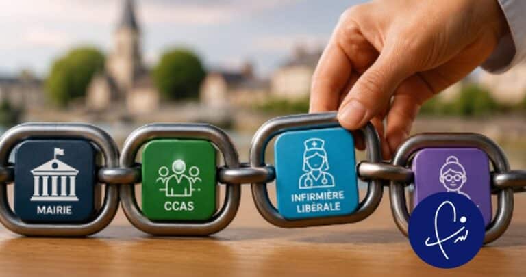 Chaîne de maillon symbolisant les acteurs de santé: mairie, CCAS, infirmière libérale et patient pendant canicule
