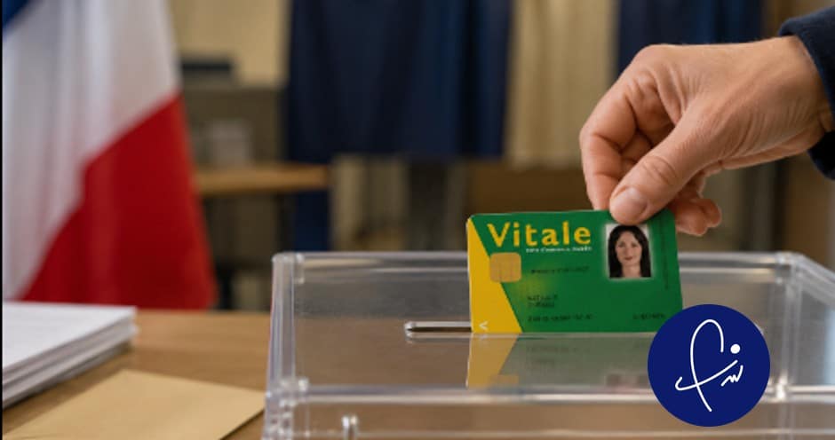 Main insérant une carte Vitale dans une urne de vote avec drapeau français en arrière-plan