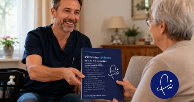Infirmier libéral présentant le guide pratique de l'infirmier référent à une patiente à domicile