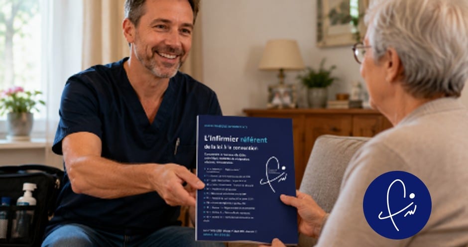 Infirmier libéral présentant le guide pratique de l'infirmier référent à une patiente à domicile