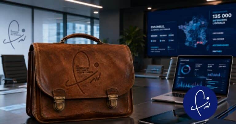 Cartable marché infirmier libéral avec données analytics affichées sur ordinateur, symbole des échéances professionnelles de rentrée