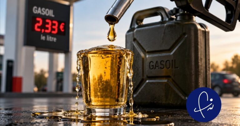 Essence versée dans un verre devant pompe avec prix 2,39€ le litre symbolisant la hausse des carburants