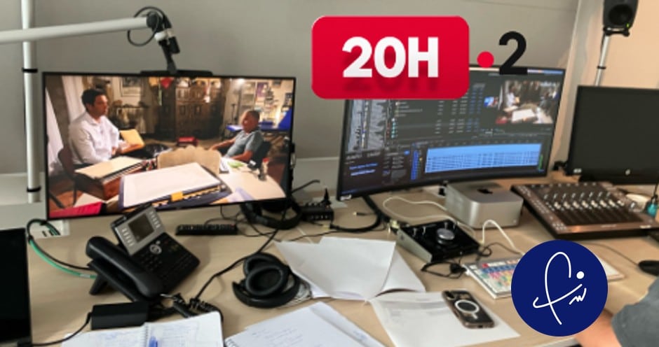 Studio de tournage avec équipement de production vidéo et écrans montrant un reportage sur un infirmier libéral rural pour France 2