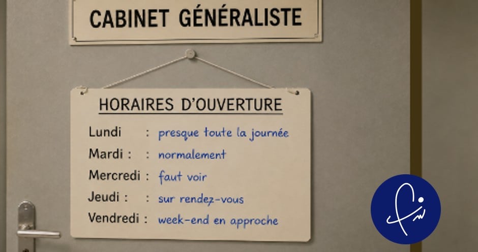 Panneau affichant les horaires d'ouverture réduits d'un cabinet médical généraliste, illustrant la diminution du temps de travail des médecins