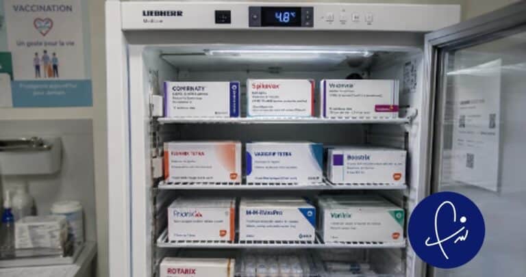 Réfrigérateur de cabinet infirmier stockant des vaccins grippe et Covid-19 à -80°C selon les recommandations de la HAS