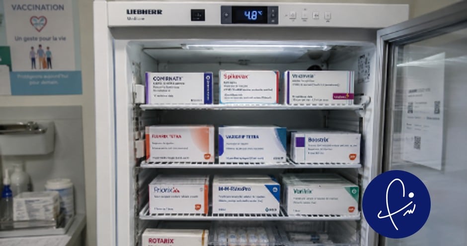 Réfrigérateur de cabinet infirmier stockant des vaccins grippe et Covid-19 à -80°C selon les recommandations de la HAS