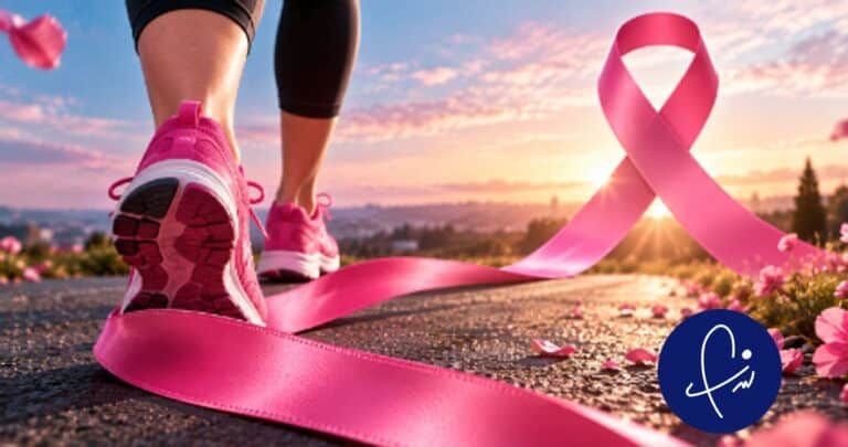 Femme jogging en chaussures roses avec ruban rose symbolisant la sensibilisation au cancer du sein pour Octobre Rose